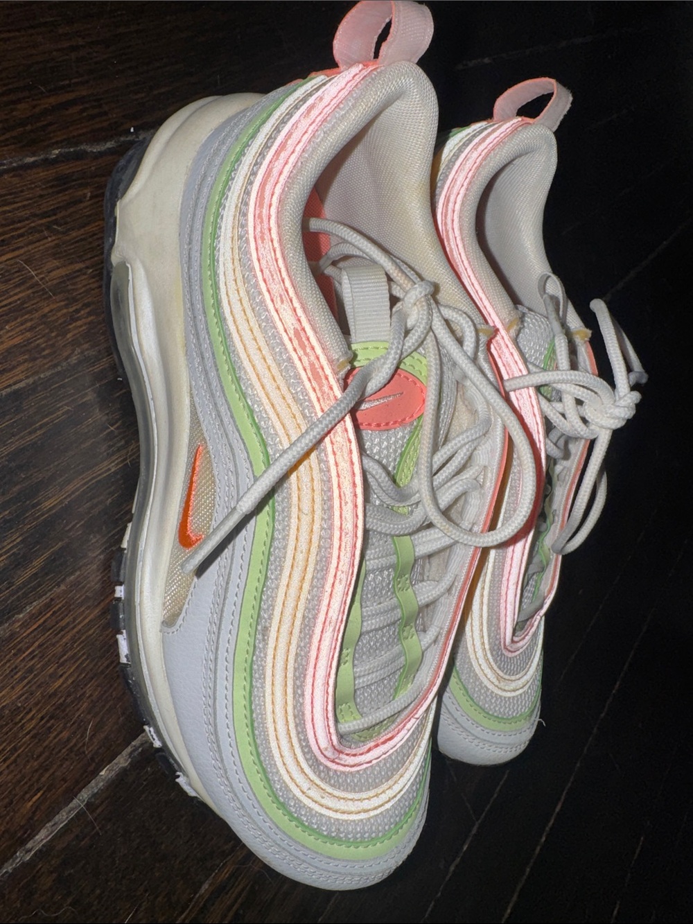 Nike Women's Air Max 97 in Light Gray with Pastel Green & Pink Accents